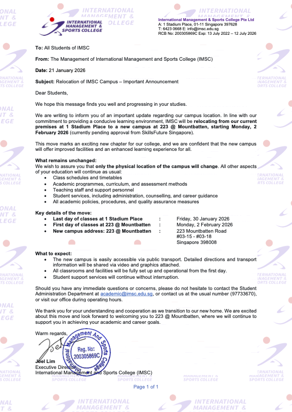 Announcement – Relocation of IMSC Campus